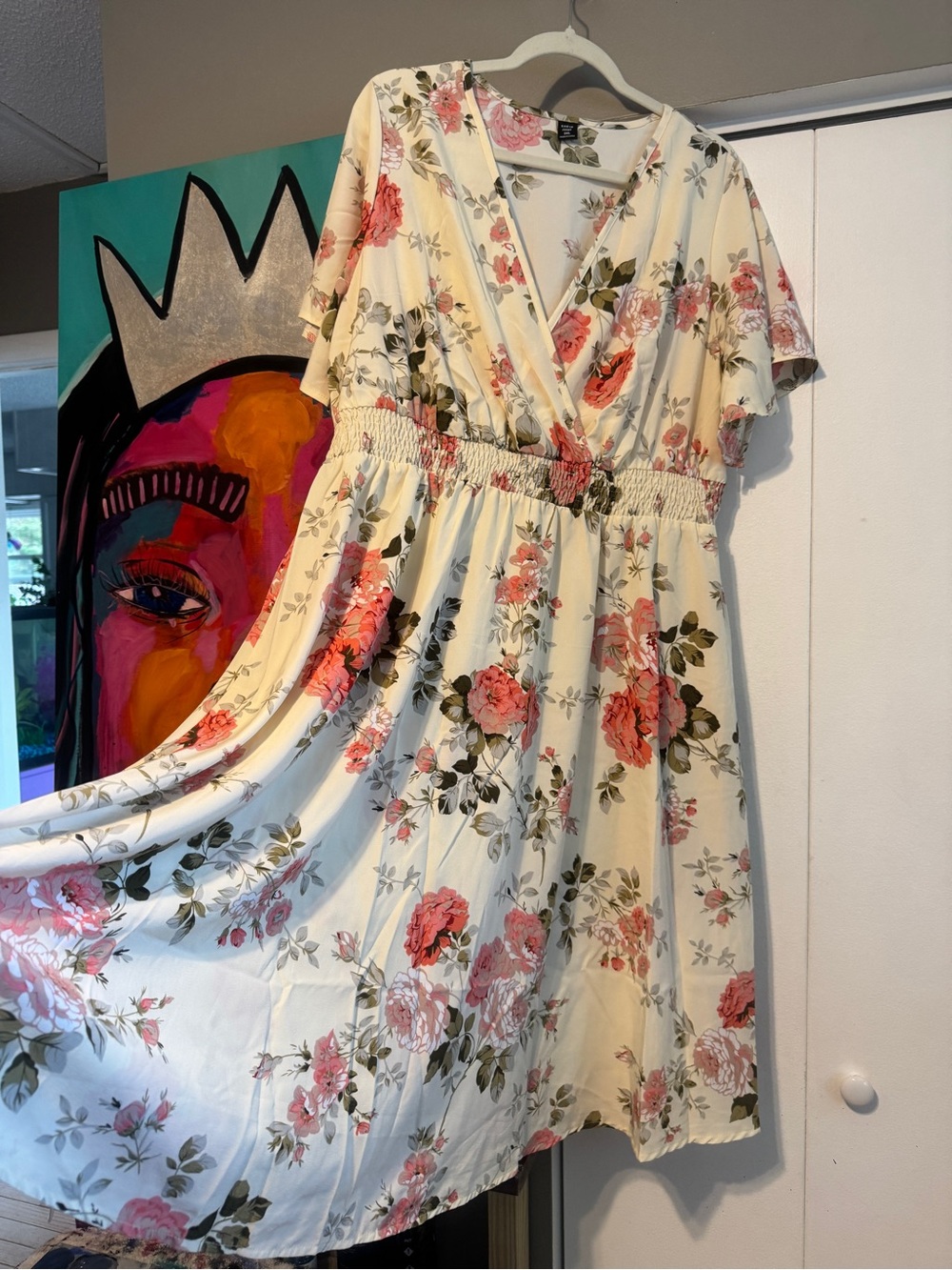 Cream Floral Midi Dress Flutter Sleeve Faux Wrap 3XL